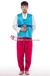 Hanbok Hàn Quốc Nam Áo Xanh Quần Hồng Đỏ