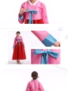Hanbok Hàn Quốc Đơn Giản Áo Hồng Váy Đỏ Nơ Xanh