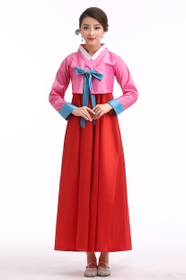 Hanbok Hàn Quốc Đơn Giản Áo Hồng Váy Đỏ Nơ Xanh