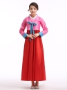 Hanbok Hàn Quốc Đơn Giản Áo Hồng Váy Đỏ Nơ Xanh