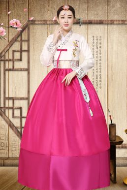 Hanbok Hàn Quốc Hồng Váy 2 Lớp Tay Gấm Áo Trắng Váy Hồng