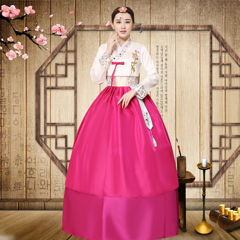 Hanbok Hàn Quốc Hồng Váy 2 Lớp Tay Gấm Áo Trắng Váy Hồng