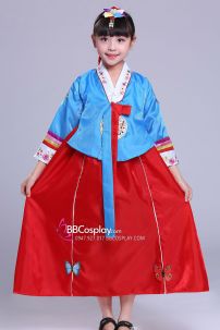 Hanbok Chuẩn Hàn Quốc Bé Gái Áo Xanh Váy Đỏ