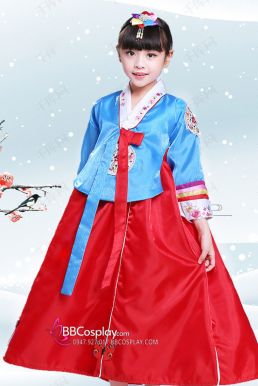 Hanbok Chuẩn Hàn Quốc Bé Gái Áo Xanh Váy Đỏ