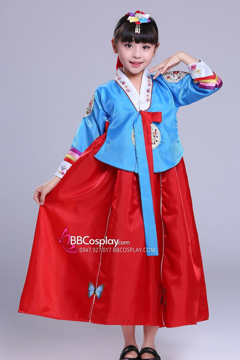 Hanbok Chuẩn Hàn Quốc Bé Gái Áo Xanh Váy Đỏ