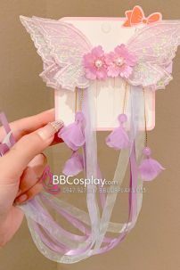 Cặp Kẹp Tóc Bướm Màu Tím Kèm Tua Rua Vải