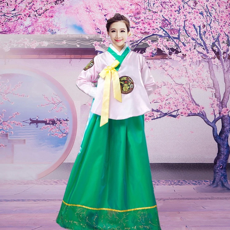 Hanbok HQ Cổ Trang Áo Hồng Váy Xanh Lá