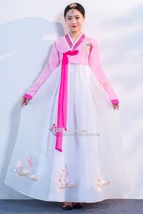 Hanbok Hàn Quốc Voan Thêu Phụng Áo Hồng Váy Trắng