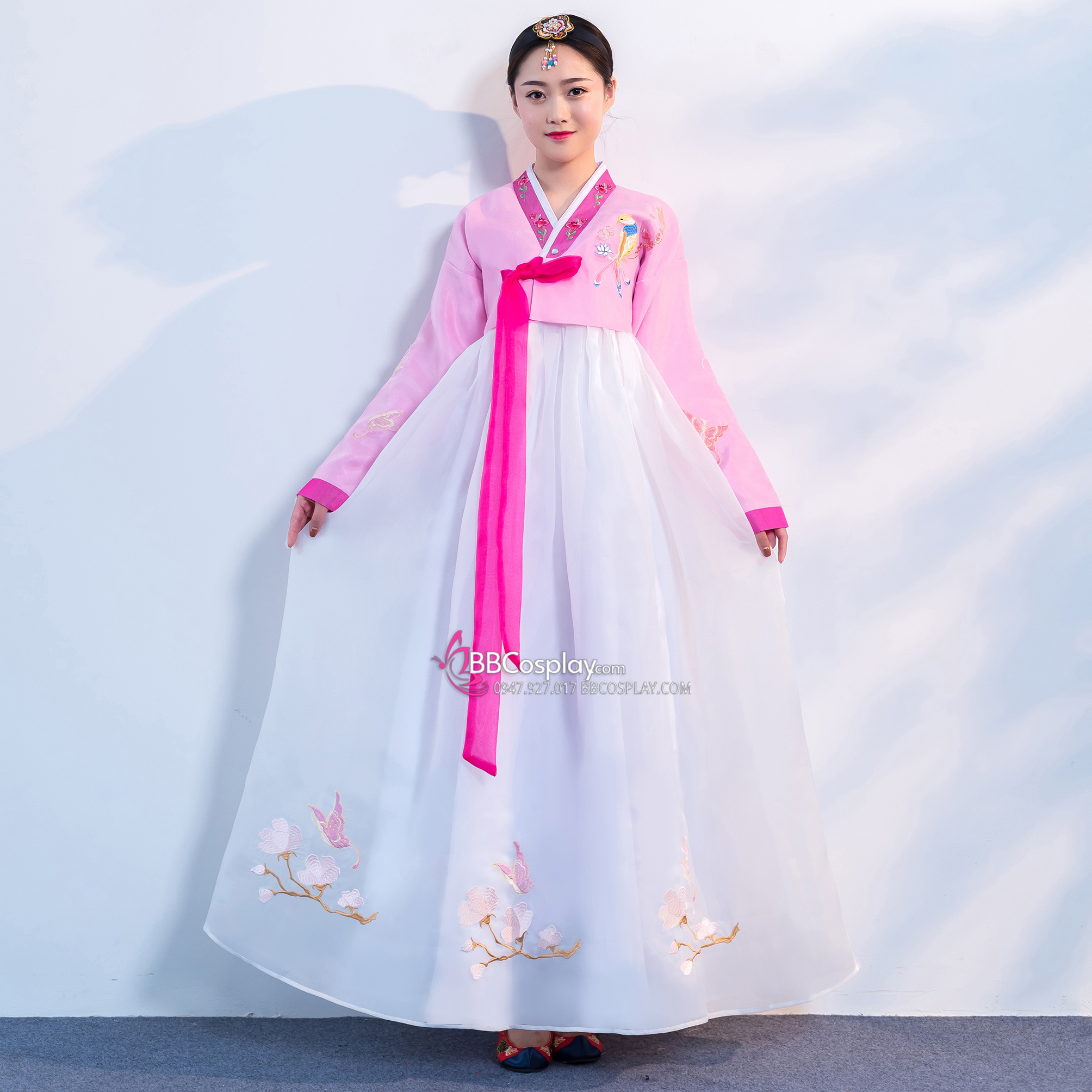 Hanbok Hàn Quốc Voan Thêu Phụng Áo Hồng Váy Trắng