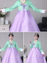Hanbok Hàn Quốc Gấm Váy Tím Áo Xanh Ngọc Viền Vàng