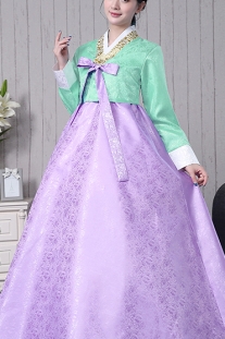 Hanbok Hàn Quốc Gấm Váy Tím Áo Xanh Ngọc Viền Vàng