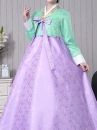 Hanbok Hàn Quốc Gấm Váy Tím Áo Xanh Ngọc Viền Vàng