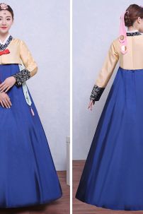 Hanbok Hàn Quốc Nơ Cam Áo Vàng Váy Xanh Có Tuarua
