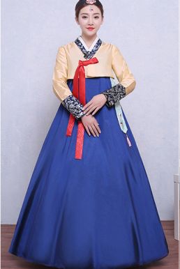 Hanbok Hàn Quốc Nơ Cam Áo Vàng Váy Xanh Có Tuarua