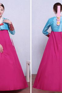 Hanbok Hàn Quốc Nơ Cam Áo Xanh Váy Hồng Tay In Họa Tiết Bạc