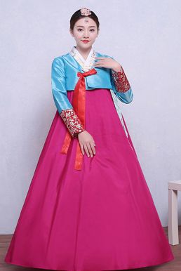 Hanbok Hàn Quốc Nơ Cam Áo Xanh Váy Hồng Tay In Họa Tiết Bạc