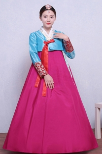 Hanbok Hàn Quốc Nơ Cam Áo Xanh Váy Hồng Tay In Họa Tiết Bạc
