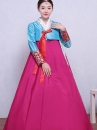 Hanbok Hàn Quốc Nơ Cam Áo Xanh Váy Hồng Tay In Họa Tiết Bạc
