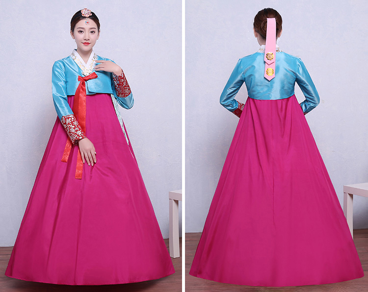 Hanbok Hàn Quốc Nơ Cam Áo Xanh Váy Hồng Tay In Họa Tiết Bạc