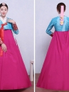 Hanbok Hàn Quốc Nơ Cam Áo Xanh Váy Hồng Tay In Họa Tiết Bạc