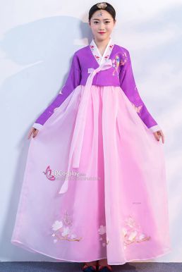 Hanbok Hàn Quốc Voan Thêu Áo Tím Váy Hồng Phấn