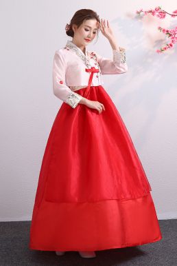 Hanbok Hàn Quốc Áo Trắng Váy Đỏ Thêu Hoa In Nhủ