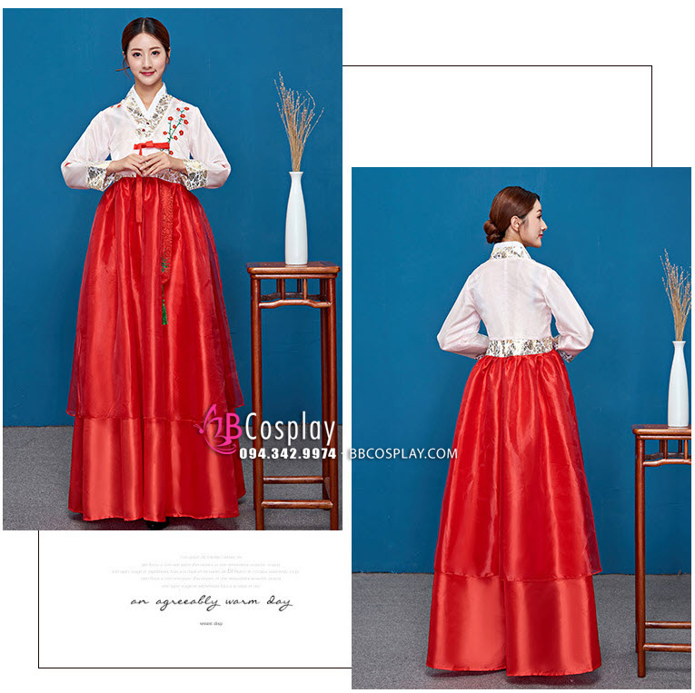 Hanbok Hàn Quốc Áo Trắng Váy Đỏ Thêu Hoa In Nhủ