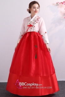 Hanbok Lễ Tết Hàn Voan Thêu Váy Hai Tầng