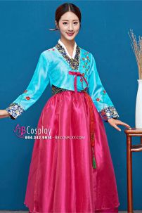 Hanbok Hàn Quốc 2 Lớp Voan Thêu Áo Xanh Váy Hồng