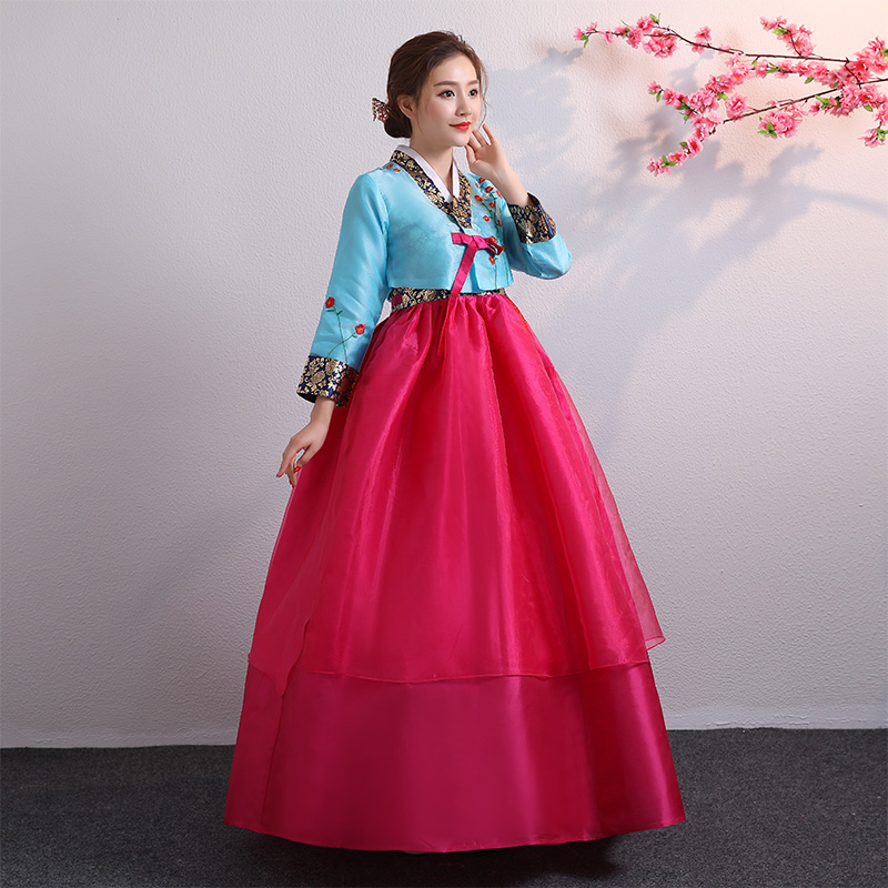 Hanbok Hàn Quốc 2 Lớp Voan Thêu Áo Xanh Váy Hồng