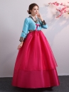 Hanbok Hàn Quốc 2 Lớp Voan Thêu Áo Xanh Váy Hồng