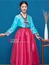 Hanbok Hàn Quốc 2 Lớp Voan Thêu Áo Xanh Váy Hồng