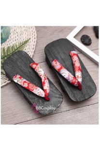 Guốc Gỗ Geta Bản Gỗ Đen Đế Cao Quai Đỏ Hoa