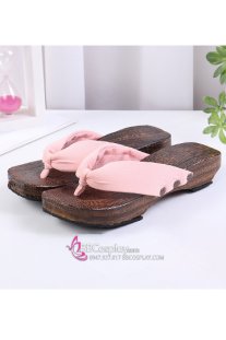 Guốc Gỗ Geta Bản Gỗ Nâu Đế Thấp Quai Hồng