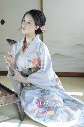Áo Yukata Xanh Sữa Tặng Kèm Thắt Lưng