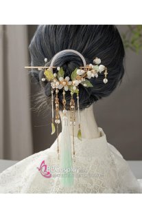 Trâm Cài Vòng Ngọc Trắng Hoa Trà Có Kèm Tua Rua Xanh