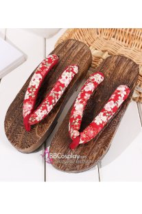 Guốc Gỗ Geta Bản Gỗ Nâu Đế Thấp Quai Đỏ Hoa