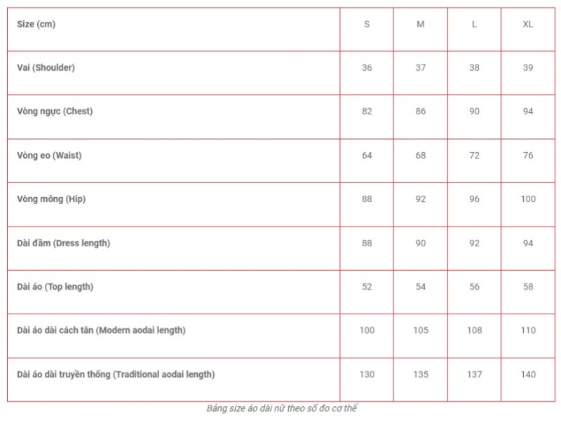 KÍCH THƯỚC SIZE ÁO DÀI VIỆT NAM VÀ CÁCH CHỌN SIZE PHÙ HỢP
