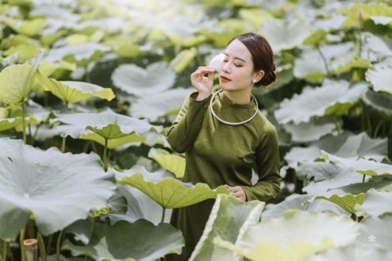 Chụp ảnh sen với áo dài
