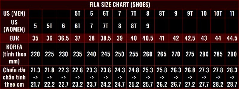 bang size giay Fila