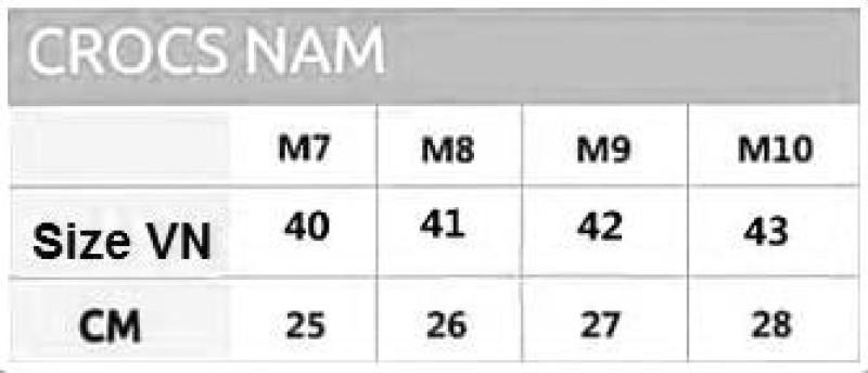 bang size giay crocs nam