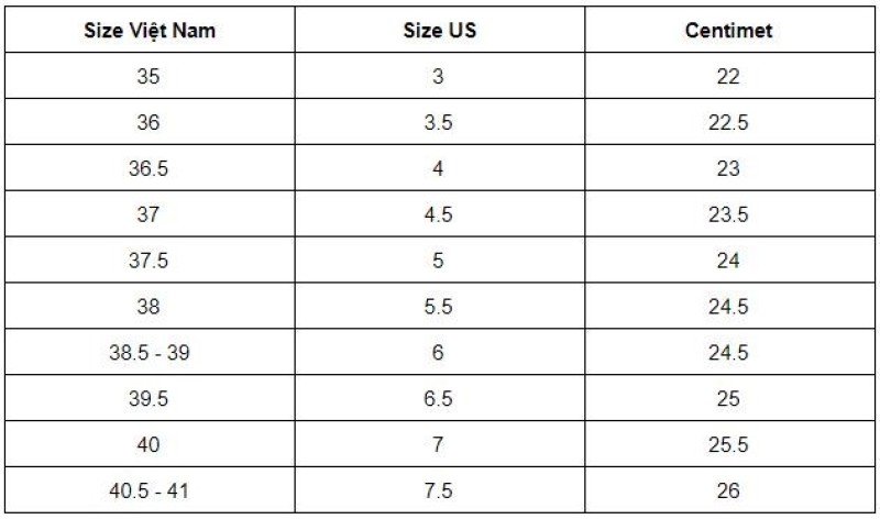 bang size giay converse