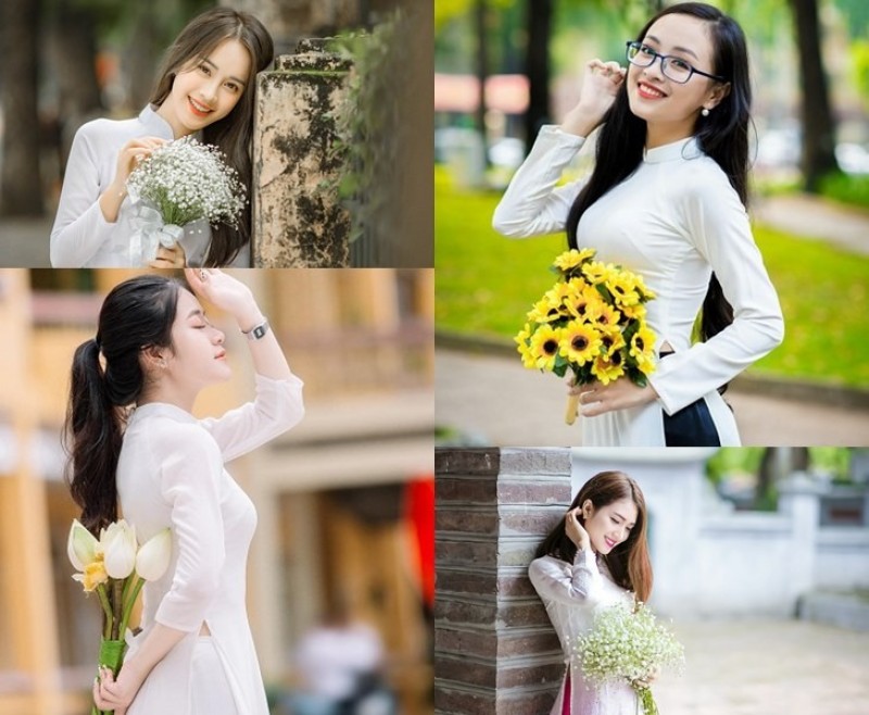 Tạo dáng chụp kỷ yếu nữ với tư thế cầm hoa