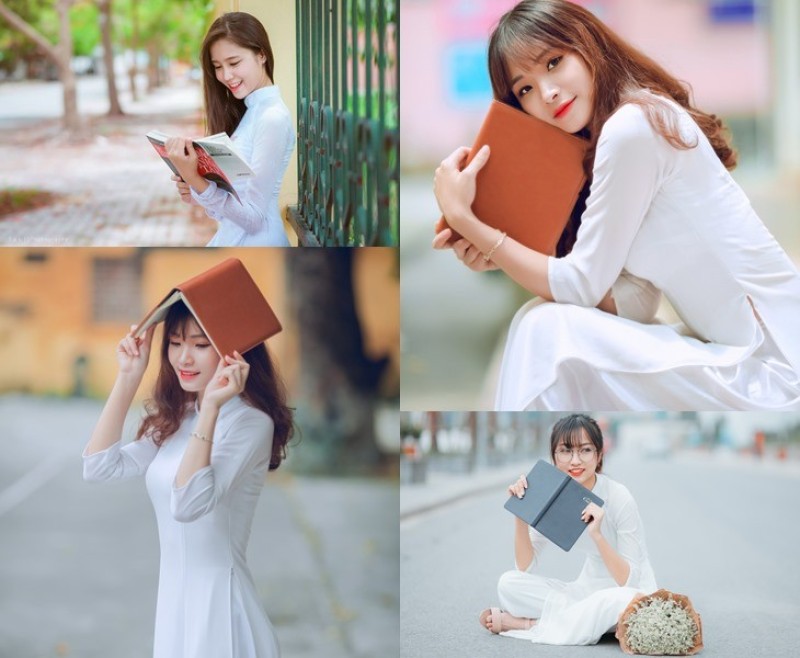 Bạn nữ có thể tham khảo cách tạo dáng chụp ảnh kỷ yếu với sách