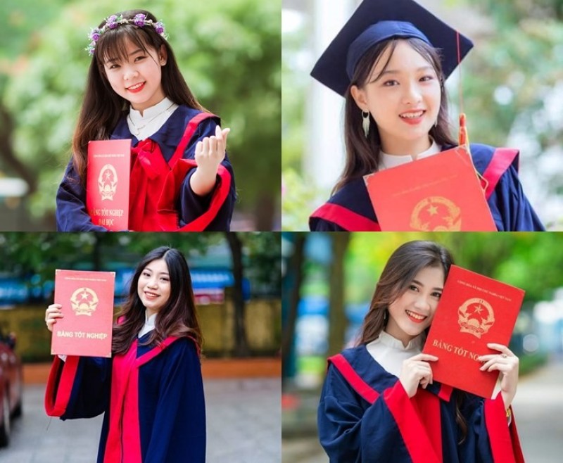 Chụp ảnh kỷ yếu với áo và bằng cử nhân