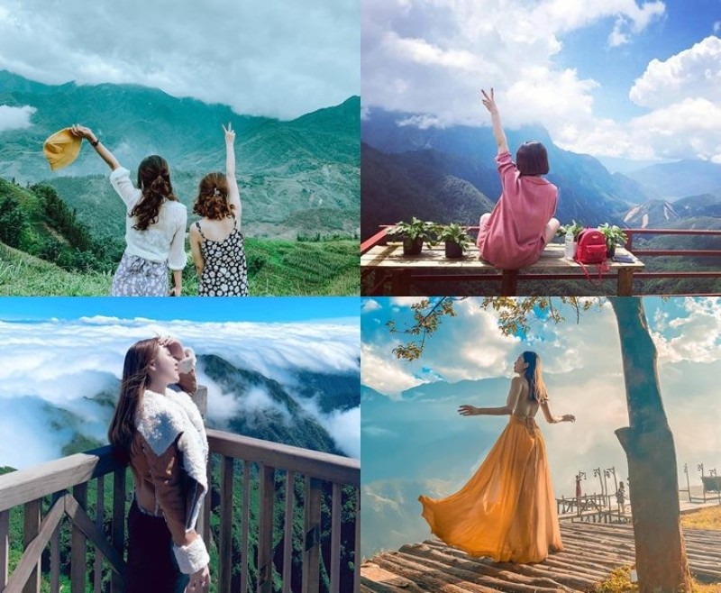 Tạo dáng chụp ảnh từ đằng sau để nhìn thấy núi non mây trời
