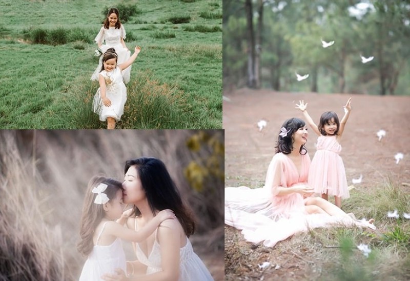 Mẹ và bé chụp ảnh ngoại cảnh