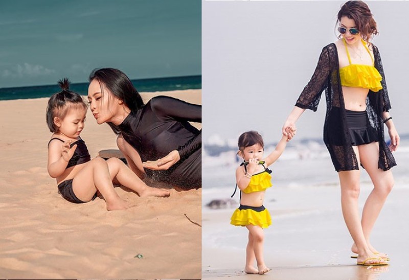 Cách tạo dáng chụp ảnh 2 mẹ con vui đùa trên bờ biển