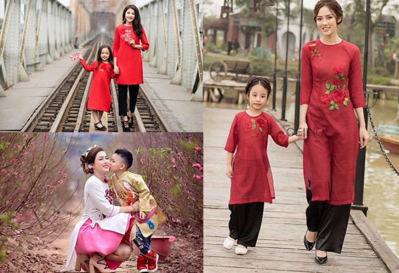 Tạo dáng chụp ảnh mẹ và bé với áo dài truyền thống