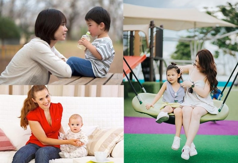 2 Mẹ con tạo dáng chụp ảnh với tư thế ngồi